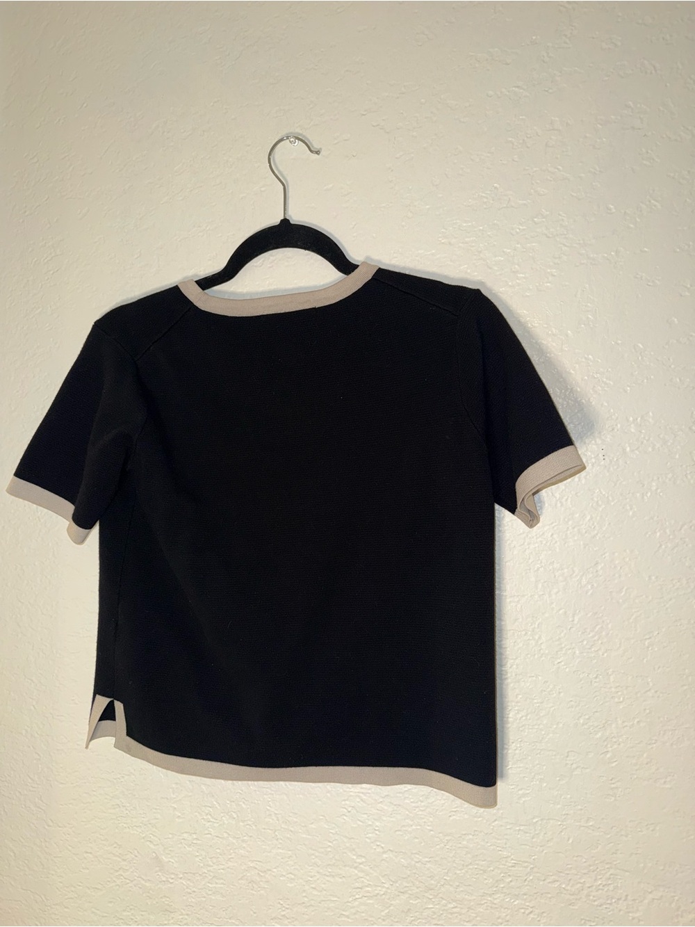 Zara Black Short Sleeve Knit Top with Beige Trim